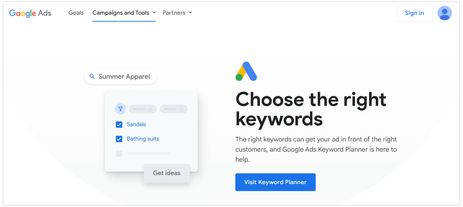 Startseite des Google Keyword-Planers